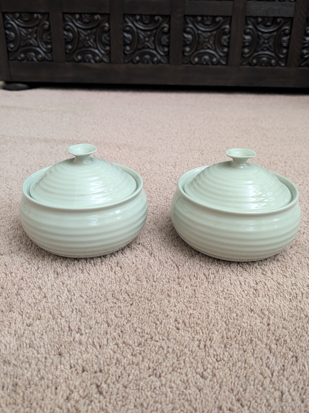 Sophie Conran Portmeirion Pale Green Ribbed Lidded Serving Bowls, Set of 2